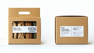 A clean professional photographic image in landscape format of highquality upcycled packaging proudly featuring labels like Made using 100 upcycled materials Display the packaging neatly on a white background conveying ethical branding and business v-1