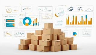 A neatly stacked pile of cardboard boxes sat in front of graphics that represent data and analytics the image has a white background-1