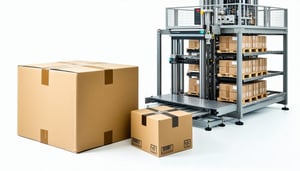 A photorealistic flatpacked cardboard box beside a spaceefficient automated packing system all on a white background-1