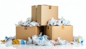 A photorealistic image of a stack of oversized cardboard boxes with excessive void fill spilling out surrounded by crumpled plastic and paper packaging materials on a white background-1