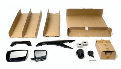 A photorealistic image of customfit sustainable packaging protecting a variety of uniquely shaped automotive partsmirrors trim and sensors Include elements like recycled paper inserts ecofriendly tapes and minimal void space to show efficient design-3