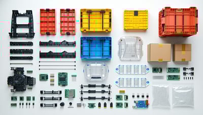 A photorealistic image of smart automotive packaging colourcoded inserts modular crates and RFID tags integrated with electronic parts Convey precision and efficiency with all elements arranged neatly on a white background in a clean professional aes-3
