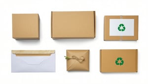 A photorealistic selection of sustainable packaging materials including compact boxes paper wraps and recyclable mailers laid out neatly on a white background
