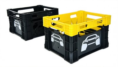 A photorealistic visual of reusable packaging systems used in the automotive industryfoldable crates and recyclable containers with car logos Show a contrast between used singleuse plastics and modern sustainable alternatives Crisp clean style on a w-2