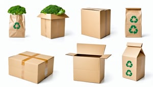 Landscape image on a clean white background displaying photorealistic packaging examples that are clearly recyclable Include plain cardboard boxes without coatings paperbased mailers and packaging with simple singlematerial designs Add visual indicat-1