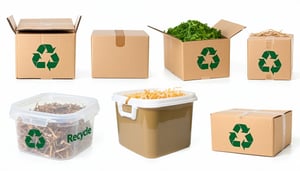 Landscape image on a clean white background featuring photorealistic packaging made from visibly recycled materials Include recycled cardboard boxes shredded paper fill and containers with Recycled Content labels or imprints Each item should be fully-1
