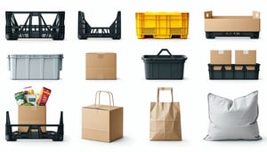 Landscape image on a clean white background showing a set of photorealistic reusable packaging items Include stackable crates returnable plastic totes and fabric wraps or sleeves All items should appear clean durable and designed for multiple uses En-1