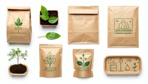 Landscape image on a clean white background showing photorealistic compostable packaging including kraft paper mailers compostable food trays and packaging marked Home Compostable or Industrially Compostable Add subtle visual elements like plant symb-1