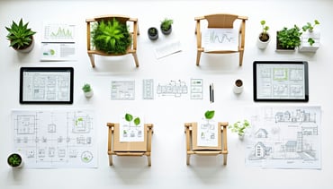 Photorealistic image of a collaborative workspace setup on a clean white background Include ecofriendly packaging prototypes technical drawings tablets displaying packaging schematics and documents with flowcharts or sustainability targets Arrange it-2