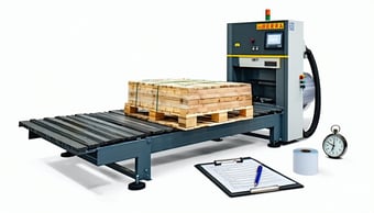 Photorealistic image of a commercial pallet wrapping machine on a clean white background The machine is modern and industrialgrade with a partially wrapped pallet on its turntable Surrounding the machine are subtle visual cues that imply productivity