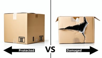 Photorealistic image of a product return in action one sturdy protective package next to a damaged item with torn packaging On a white background include return labels and arrows indicating reverse movement Horizontal setup showing two clear halves p-3