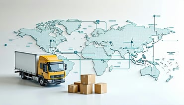 Photorealistic image of a simplified logistics setup map elements faded into the background showing a short transport route overlaid with packaging boxes Include a delivery van or lorry in the foreground highlighting shorthaul transit Clean white bac