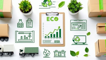 Photorealistic image of a visually striking eco lat lay eco packaging materials a small plant a clipboard with carbon reduction graphs and icons representing logistics truck pallet box All neatly arranged on a white background in a horizontal layout