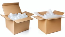 Photorealistic image of two open boxes sidebyside on a white background one clearly oversized with wasted space and bubble wrap the other rightsized with a snug fit using corrugated wrap and paper cushioning Emphasise the contrast in volume and effic