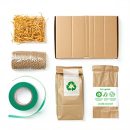 Photorealistic image of various ecofriendly packaging materials on a clean white background corrugated cardboard shredded paper filler and paperbased tape Include packaging made with recycled symbols and a label indicating locally sourced Arrange ite-3