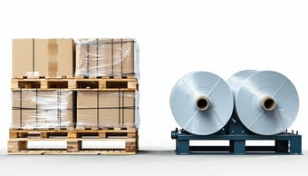 Photorealistic image on a clean white background showing a closeup comparison of two wrapped pallets side by side One is handwrapped uneven film coverage wrinkles excess film The other is machinewrapped tight even film clean edges less plastic used-2