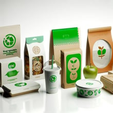 Various items of branded sustainable food packaging set in front of a white background